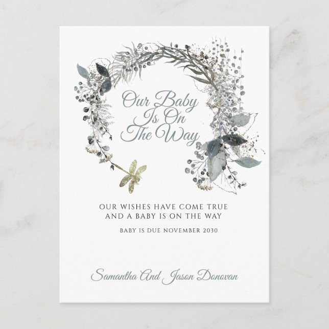 Elegant Greenery Watercolor Floral Pregnancy Announcement Postcard (Front)
