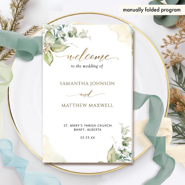 Elegant Greenery Watercolor Folded Wedding Program (Creator Uploaded)