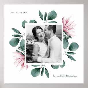Elegant Greenery Watercolor Frame Photo Wedding Poster
