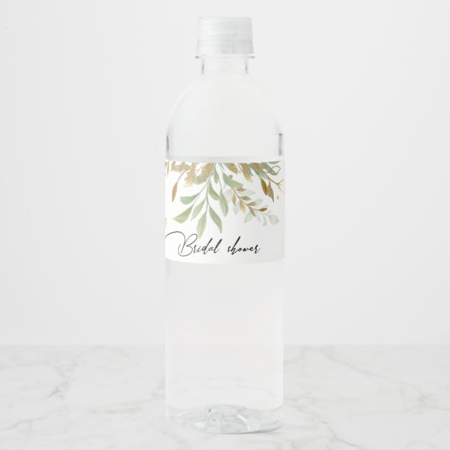 Elegant Greenery Watercolor gold Bridal Showe Water Bottle Label (Front)