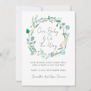 Elegant Greenery Watercolor Pregnancy  Announcement