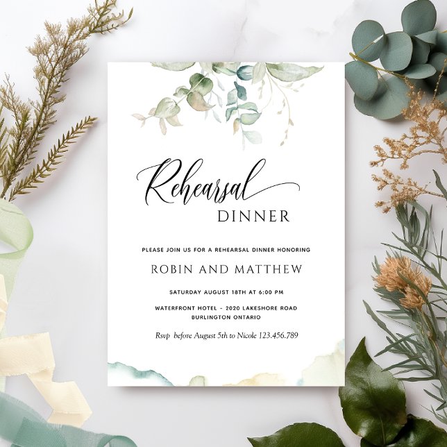 Elegant Greenery Watercolor Rehearsal Dinner Invitation (Creator Uploaded)