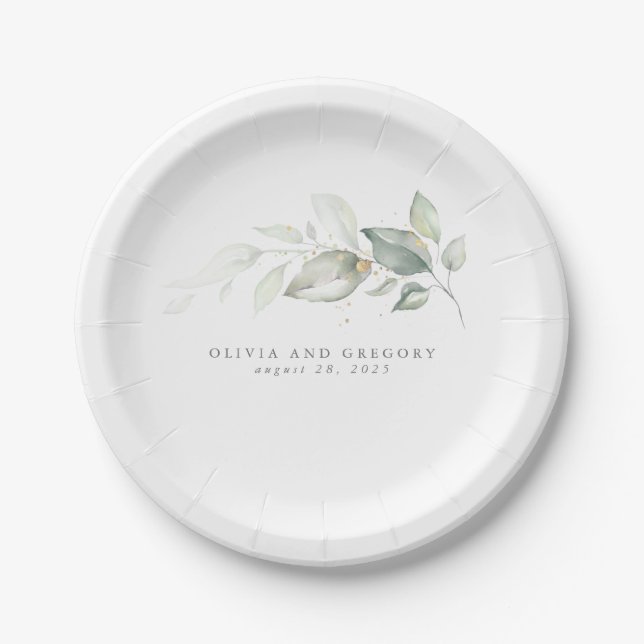 Elegant Greenery Watercolor Romantic Wedding Paper Plate (Front)