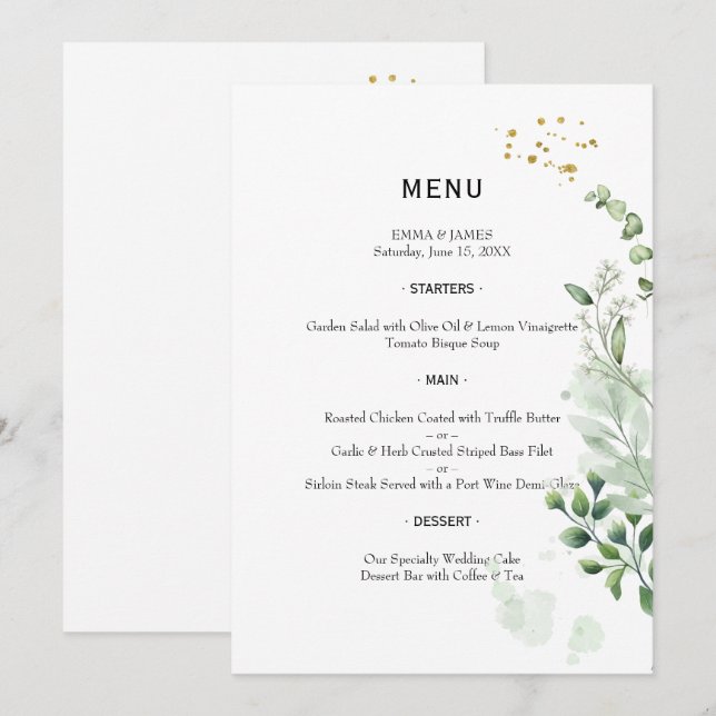 Elegant Greenery Watercolor Wedding Menu (Front/Back)