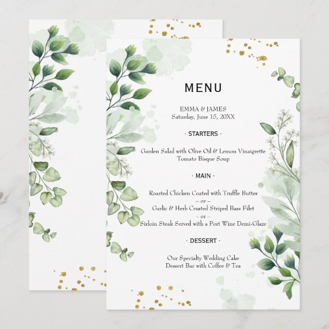 Elegant Greenery Watercolor Wedding Menu (Front/Back)
