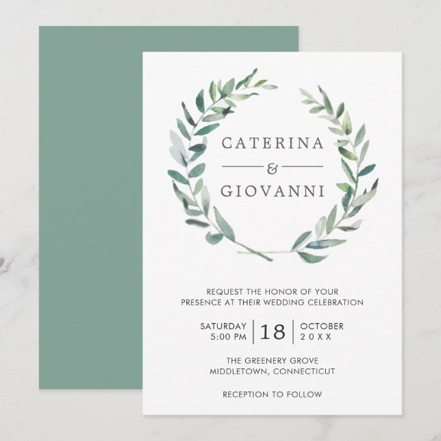 Elegant Greenery Watercolor Wreath Rustic Wedding Invitation (Front/Back)