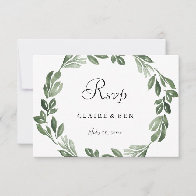 Elegant Greenery Watercolor Wreath Wedding RSVP (Front)