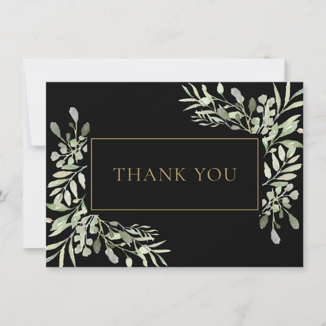 Elegant Greenery Watercolour Leaves Gold  Black Thank You Card (Front)