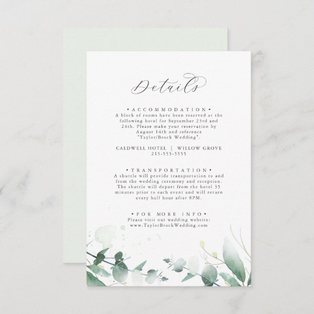 Elegant Greenery Wedding Details Enclosure Card (Front/Back)