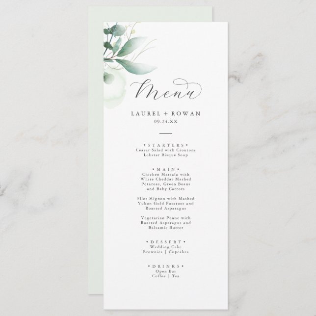 Elegant Greenery Wedding Dinner Menu (Front/Back)