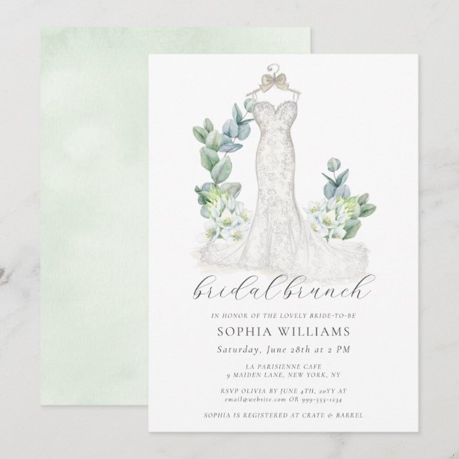 Elegant Greenery Wedding Dress Bridal Brunch Invitation (Front/Back)