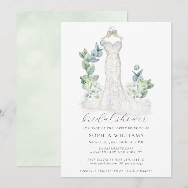 Elegant Greenery Wedding Dress Bridal Shower Invitation (Front/Back)