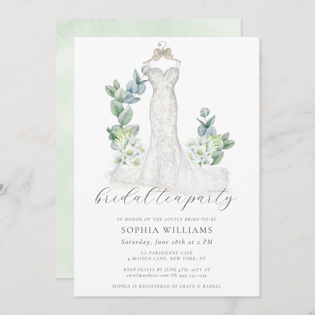 Elegant Greenery Wedding Dress Bridal Tea Party Invitation (Front/Back)