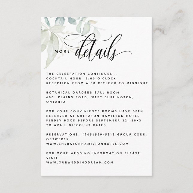Elegant greenery Wedding Guest Information Details Enclosure Card (Front)