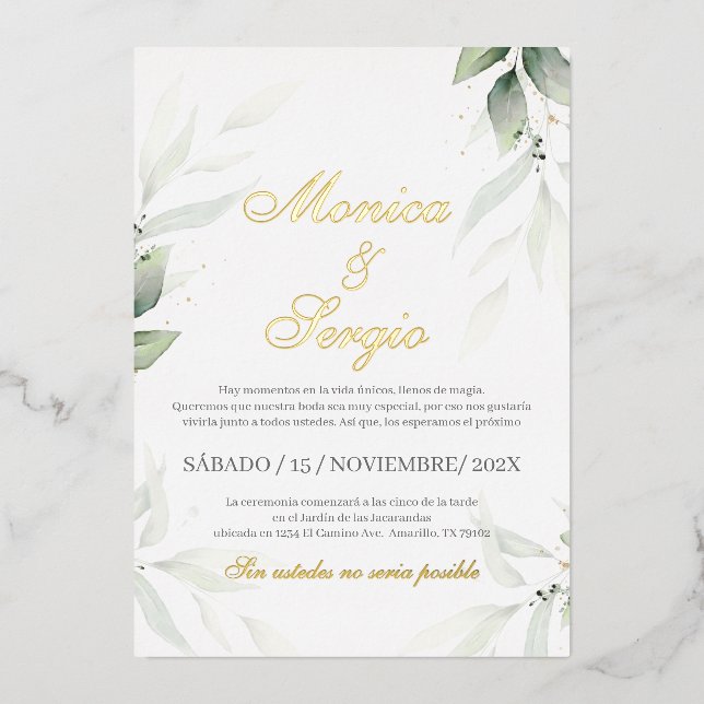 Elegant Greenery Wedding Invitation in Spanish (Front)