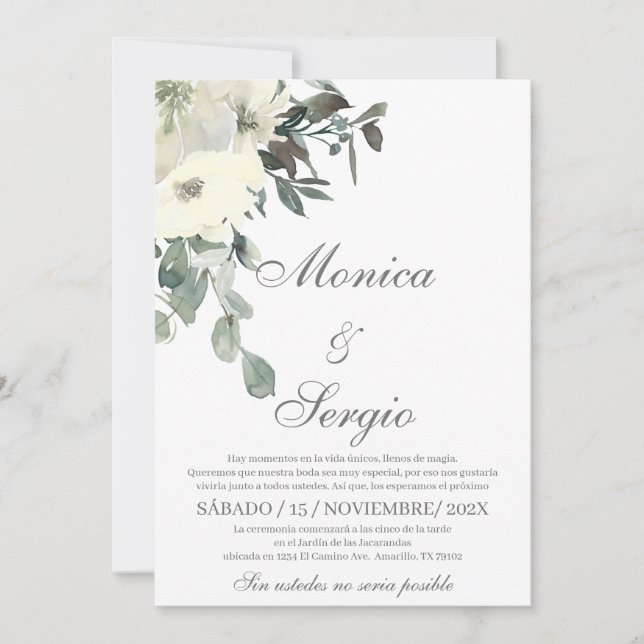 Elegant Greenery Wedding Invitation in Spanish (Front)