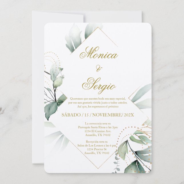 Elegant Greenery Wedding Invitation in Spanish (Front)