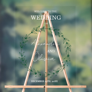 Elegant Greenery Wedding Invitation Script Font Acrylic Sign