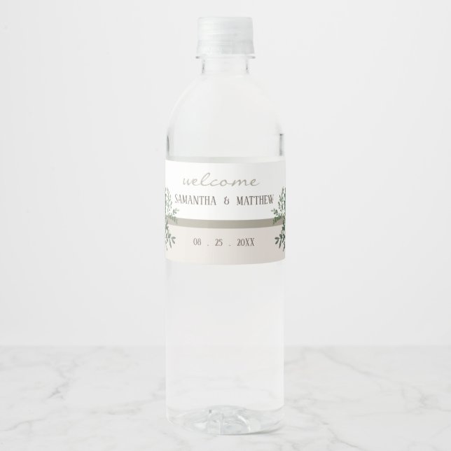 Elegant Greenery Wedding Memory Water Bottle Label (Front)