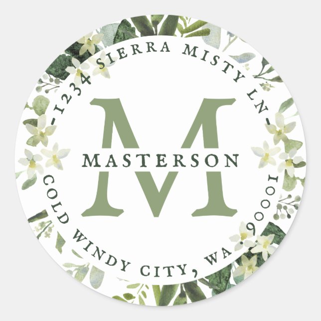 Elegant Greenery Wedding Monogram Return Address Classic Round Sticker (Front)