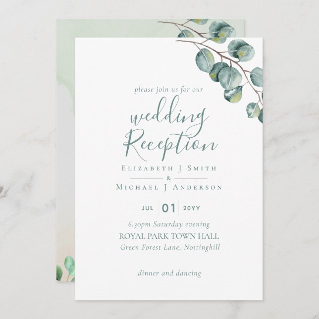 Elegant Greenery Wedding RECEPTION Evening Only In Invitation (Front/Back)
