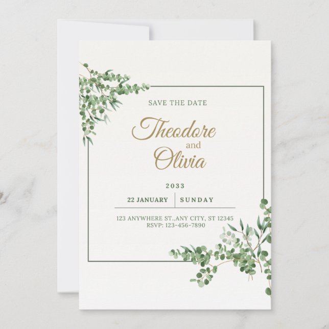 Elegant Greenery Wedding Save the Date Card (Front)