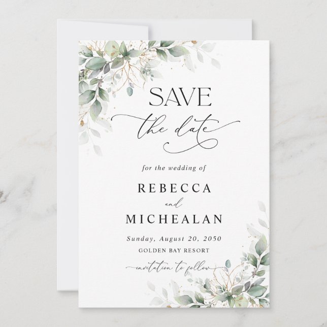 Elegant Greenery Wedding Save The Date Invitation (Front)