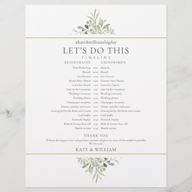 Elegant Greenery Wedding Schedule Timeline (Front)