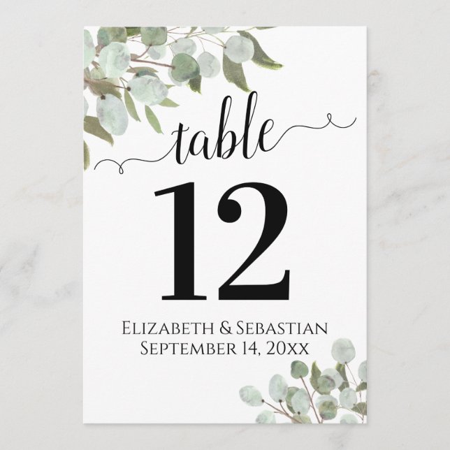 Elegant Greenery Wedding Table Number Card Large (Front)