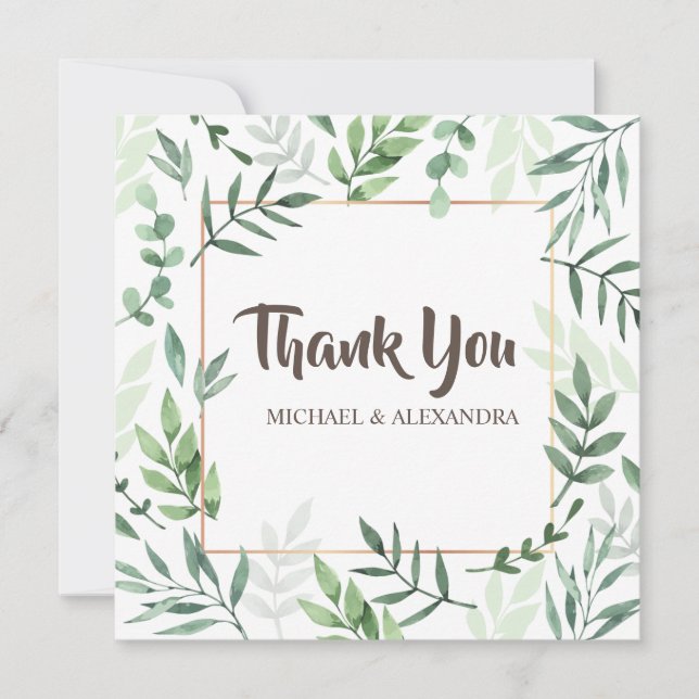 Elegant Greenery Wedding Thank You Card with Names (Front)