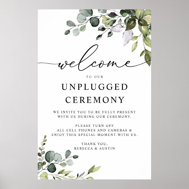 Elegant Greenery Wedding Unplugged Ceremony Poster (Front)
