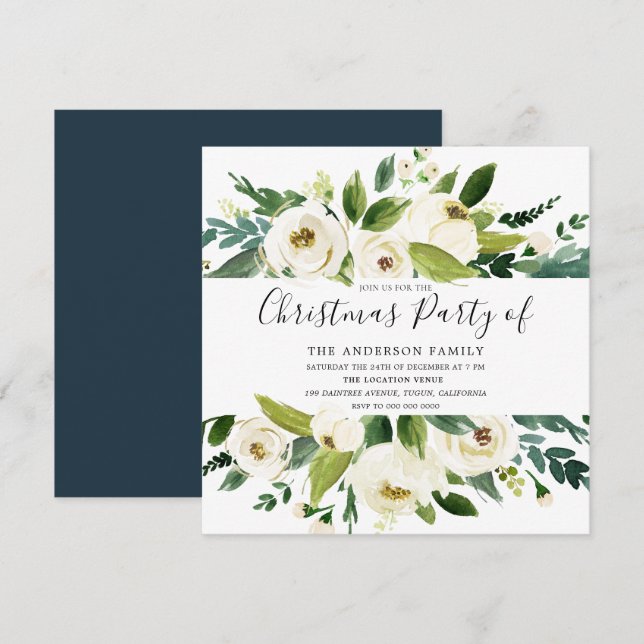 Elegant Greenery White Floral Christmas Party Invitation (Front/Back)