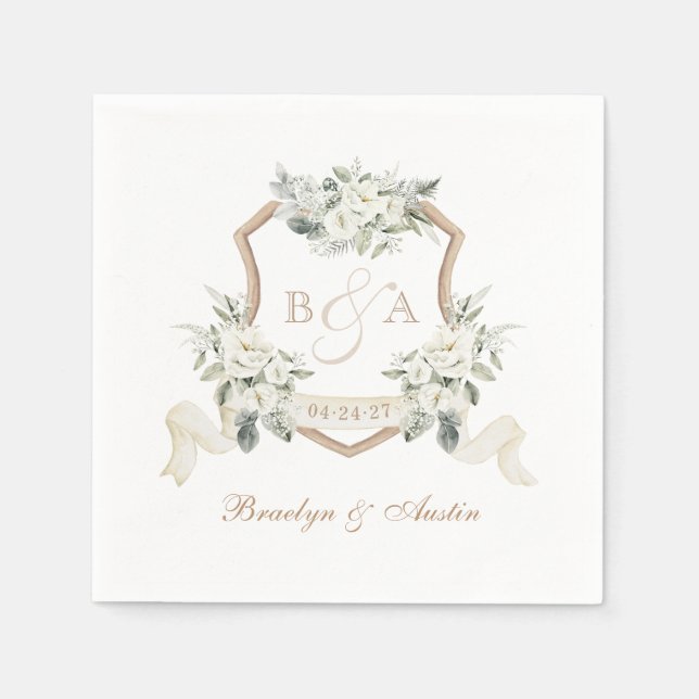 Elegant Greenery White Floral Crest Wedding Napkin (Front)
