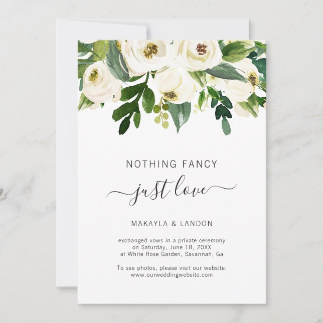 Elegant Greenery White Floral Elopement Wedding Announcement (Front)