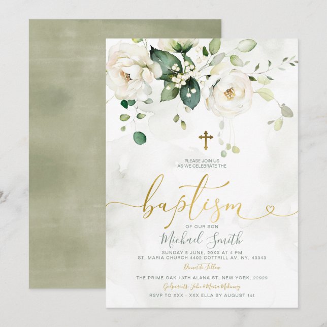 Elegant Greenery White Floral Gold Cross Baptism Invitation (Front/Back)