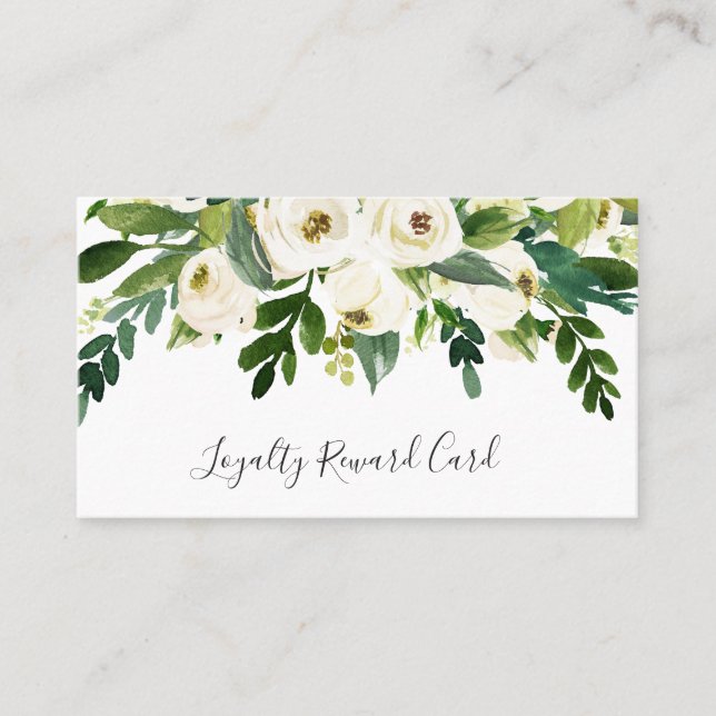 Elegant Greenery White Floral Lashes Business Loyalty Card (Front)