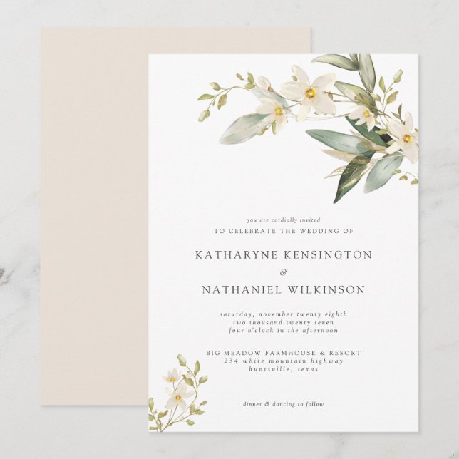 Elegant Greenery White Floral Wedding Invitation (Front/Back)