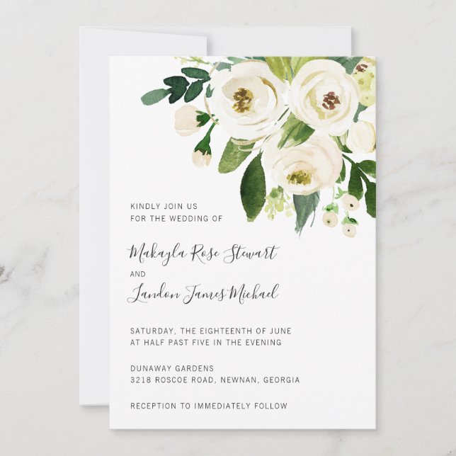 Elegant Greenery White Floral Wedding Invitation (Front)