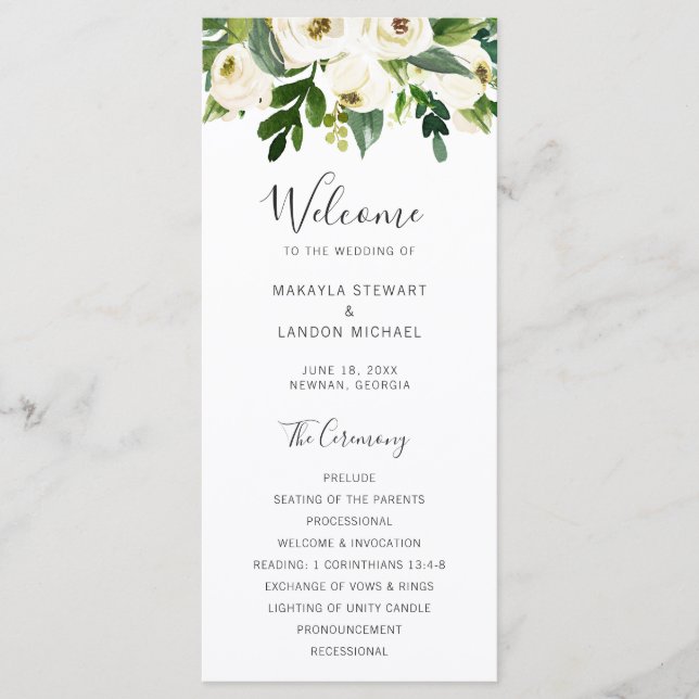 Elegant Greenery White Floral Wedding Programme (Front)