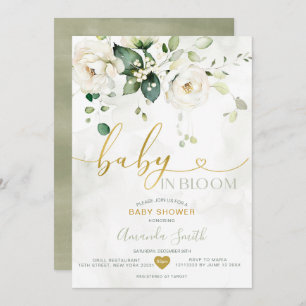 Elegant Greenery White Flowers Baby In Bloom Invitation