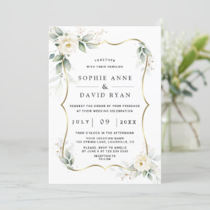 Elegant Greenery White Flowers Gold Wedding Invitation
