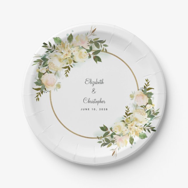 Elegant Greenery White Rose Floral Gold Frame Paper Plate (Front)