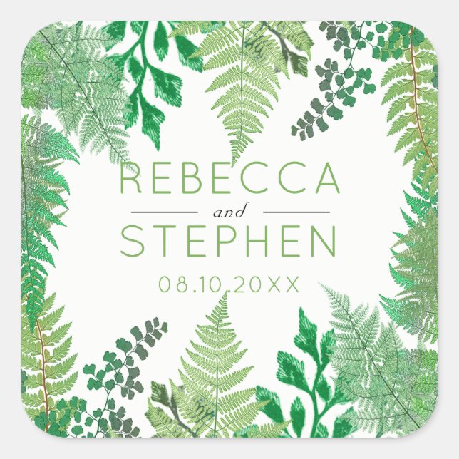 Elegant Greenery | Wild Ferns Wedding Square Sticker (Front)