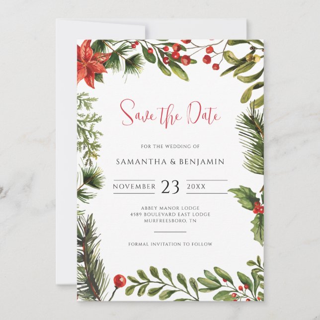 Elegant Greenery Winter Fall Floral Wedding Save The Date (Front)