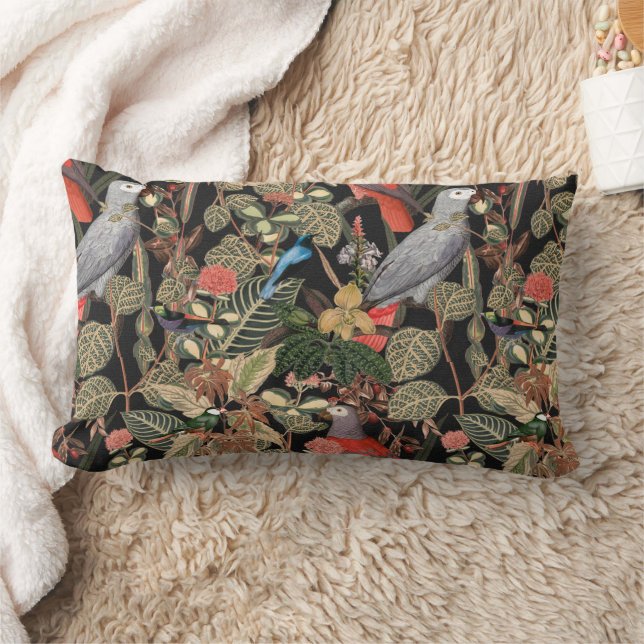 Elegant Greenery with Birds on Black Lumbar Cushion (Blanket)