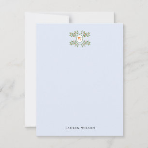 Elegant Greenery with Monogram pale blue Flat Card