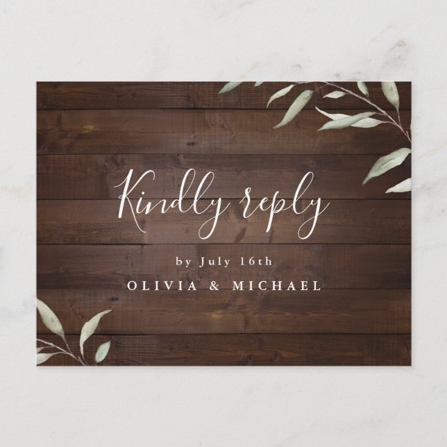 Elegant greenery wood county rustic wedding RSVP I Invitation Postcard (Front)