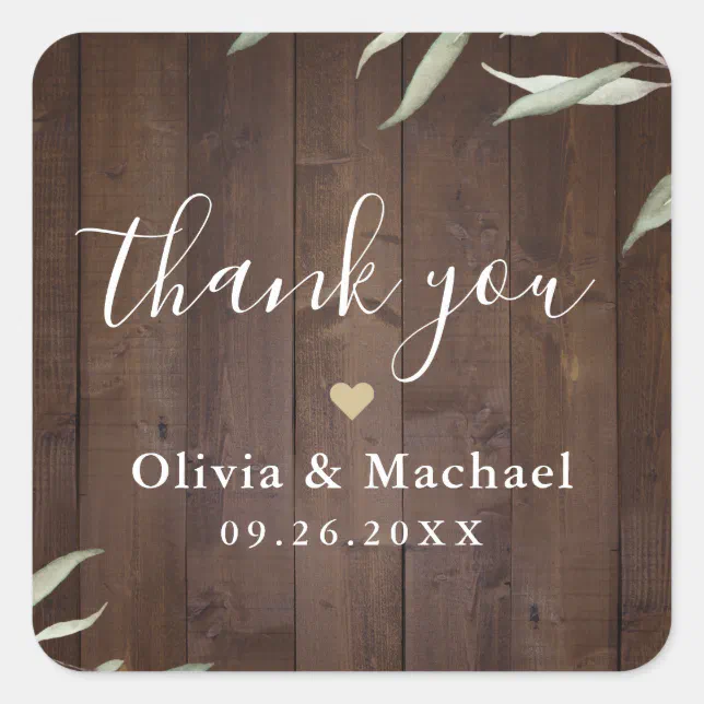 Elegant greenery wood thank you rustic wedding square sticker | Zazzle