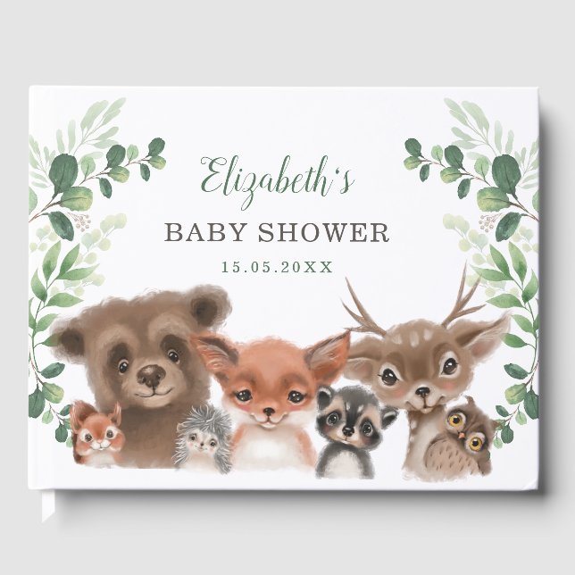 Elegant Greenery Woodland Animals Baby Shower Guest Book (Front)