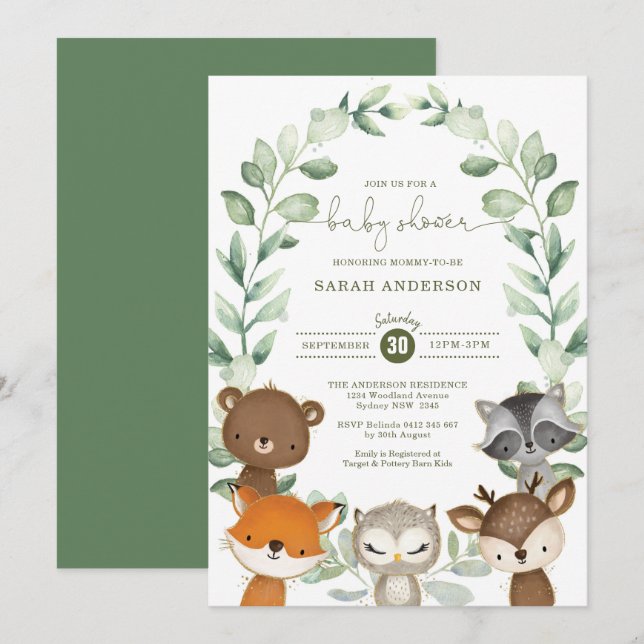 Elegant Greenery Woodland Animals Baby Shower Invitation (Front/Back)